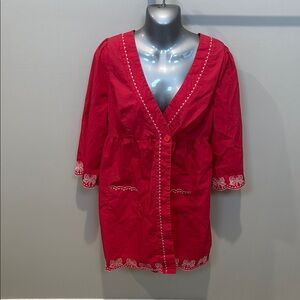 Red Boxy Embellished Tunic with Three-Quarter Sleeves